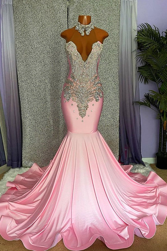 Classic Pink High Neck Prom Dress Mermaid Sleeveless With Crystals