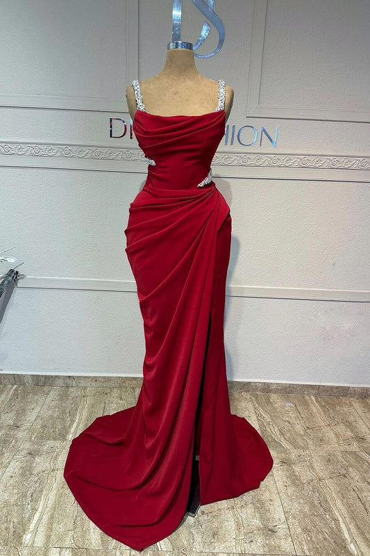 Fabulous Red Straps Sleeveless Mermaid Prom Gown With Split Crystals