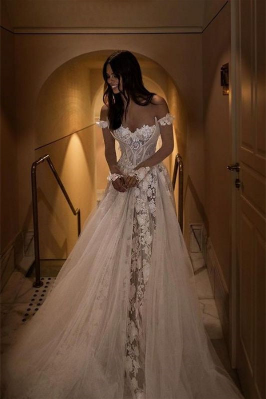 Off-The-Shoulder A-Line Wedding Gown Featuring Lace
