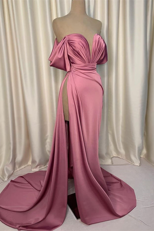 Elegant Dusty Pink Off-the-Shoulder Prom Dress Long Sweetheart With High Split