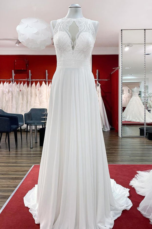 Elegant A-line Chiffon Wedding Dress with Jewel Open Back and Ruffled Appliques