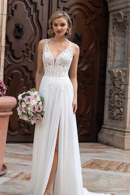 Chiffon Wedding Dress with Elegant Long Lace and A-line Split V-neck