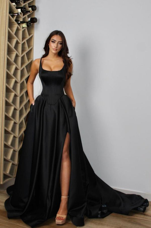 Gorgeous Black A-Line Prom Dress With Split Pockets On Sale