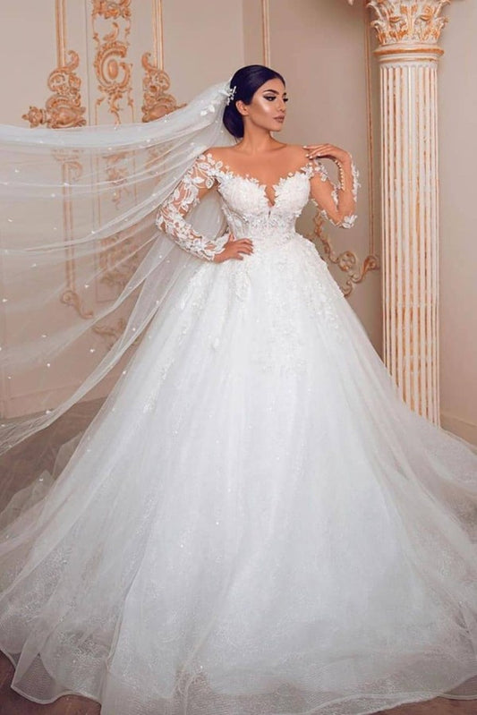 Princess Wedding Dress with Long Sleeves in Modest Tulle and Lace