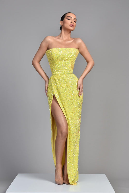 Modern Yellow Strapless Sleeveless Mermaid Prom Dress Sequins With Split