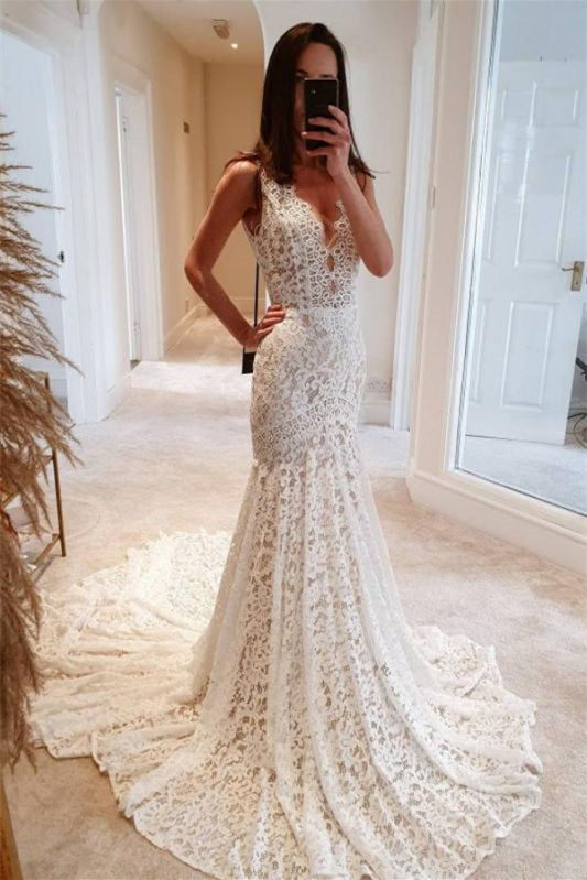 Mermaid Wedding Dress with V Neck Lace and Chapel Train
