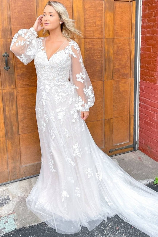 Elegant Deep V-neck Sheath Wedding Gown with Lace Appliques and Long Sleeves