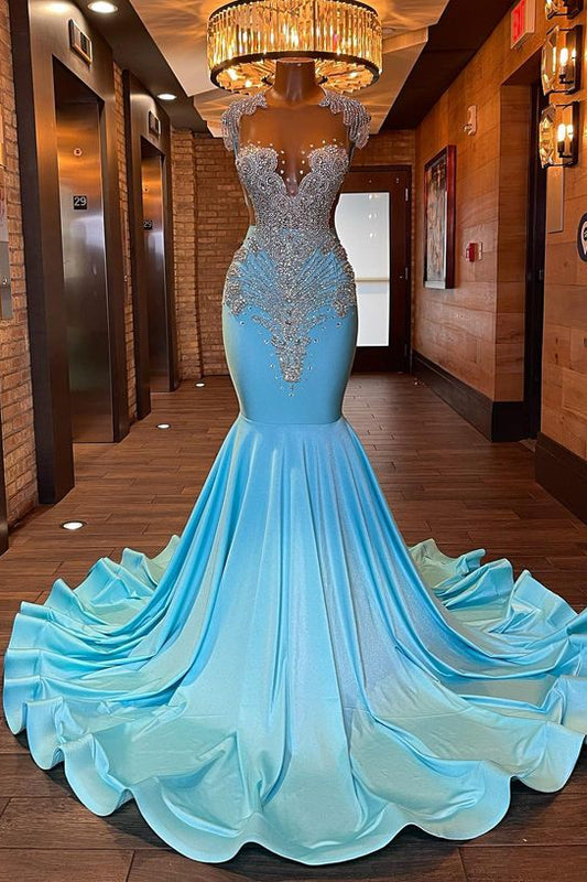 Classic Cap Sleeves Blue Prom Dress Mermaid With Crystals Online
