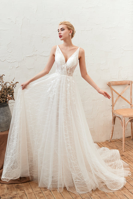 Elegant Deep V-neck A-Line Open Back Wedding Gown in Lace Tulle