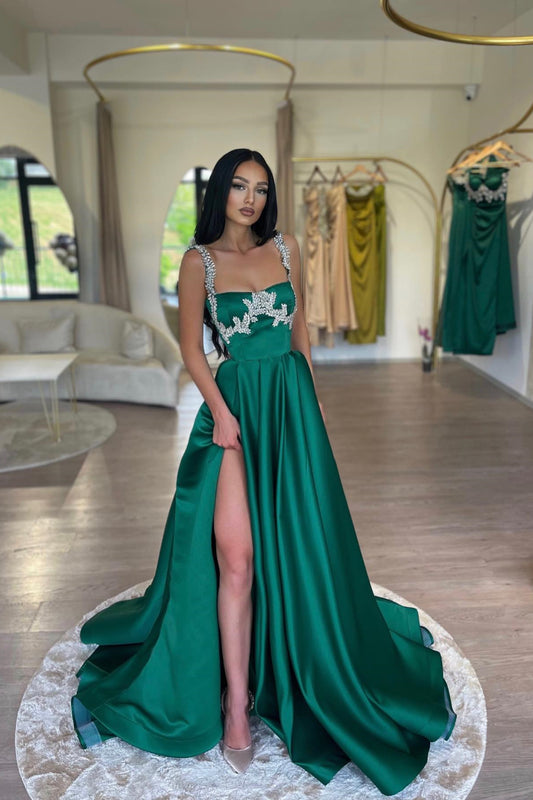 Gorgeous Dark Green Sleeveless A-line Prom Dress Crystals With Split