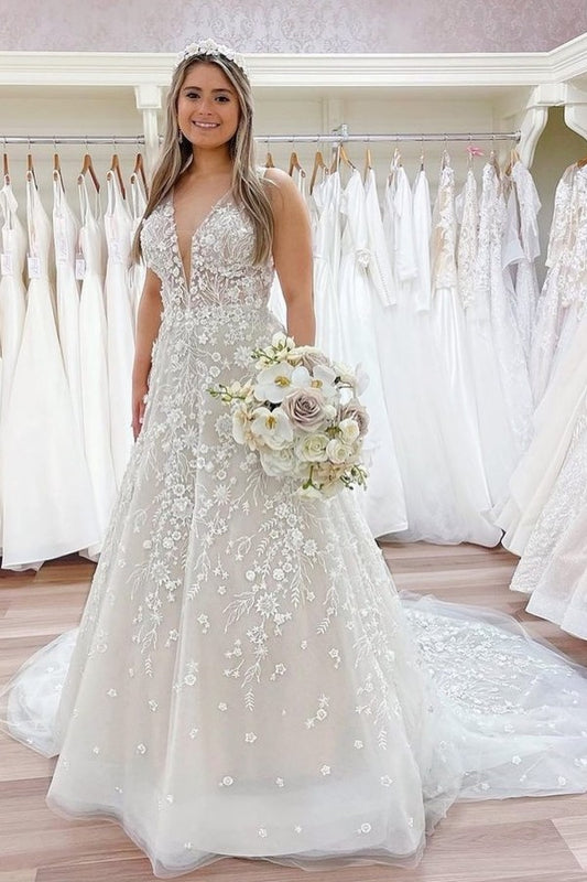 Elegant A-line Lace Wedding Dress with V-neck and Open Back