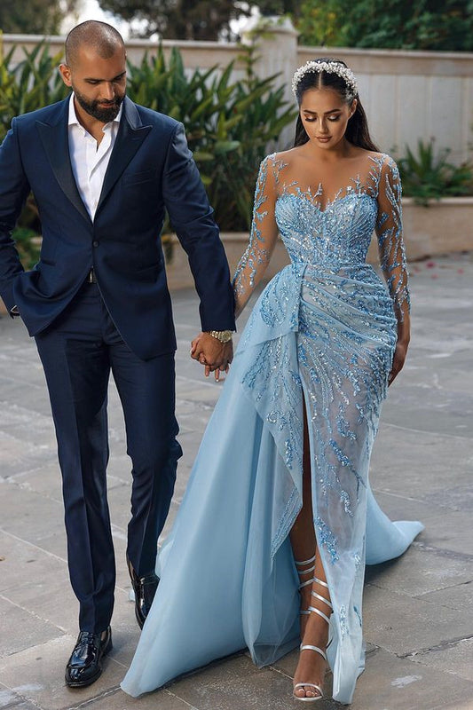 Glorious Long Sleeves Sky Blue Prom Dress Mermaid Slit With Sequins Appliques