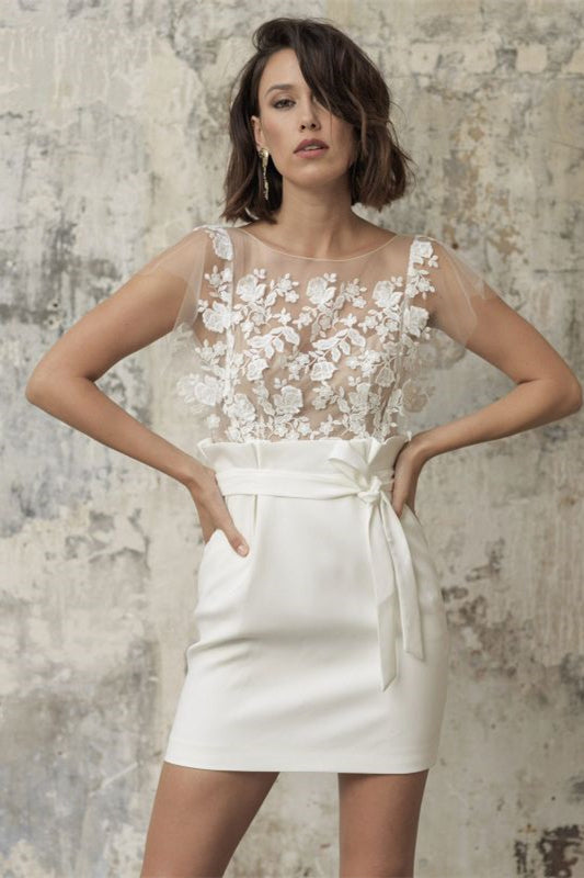 Bateau Wedding Dress with Applique Short and Belt Pocket