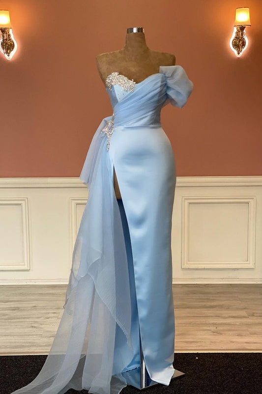 Modern Sky Blue Sweetheart Mermaid Prom Dress Beadings With Split Tulle Ruffles