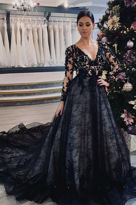 Gorgeous Black Long Sleeves V-Neck Prom Dress With Lace Tulle On Sale