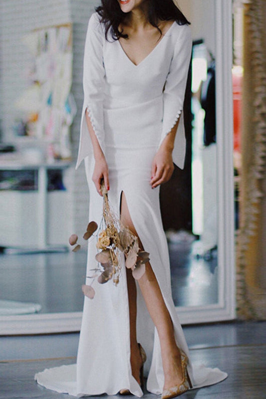 Elegant V-Neck Long Sleeve Wedding Gown with Slit