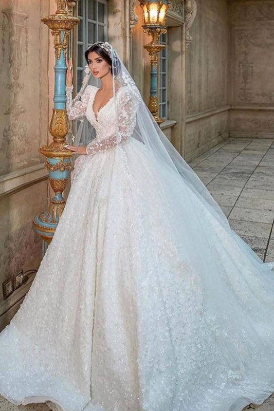 Elegant Deep V-neck A-Line Wedding Gown With Long Sleeves and Lace Appliques