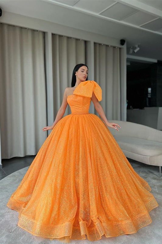 Classy One Shoulder Ball Gown Orange Prom Dress Sequins With Bowknot