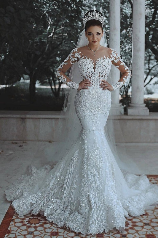 Elegant White Mermaid Wedding Gown with Long Sleeves and Lace