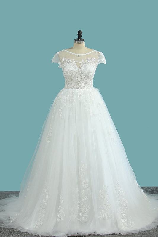 Elegant Floor-length Bateau Wedding Dress with Backless Lace and Tulle Appliques in an A-Line Silhouette