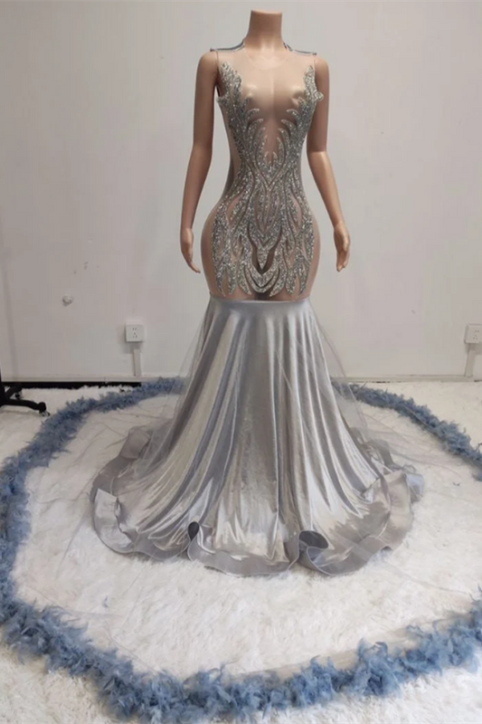 Modern Silver Scoop Sleeveless Prom Dress Mermaid Long With Beadings Feather