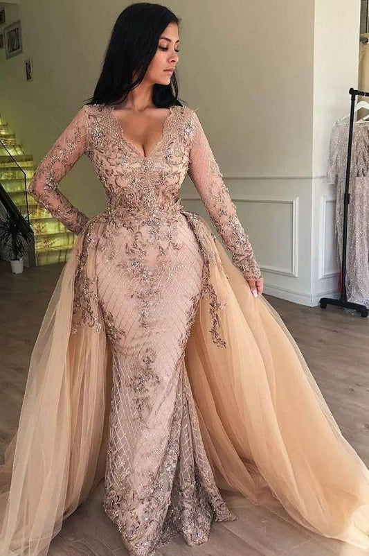Detachable Overskirt Long Sleeves Prom Dress Mermaid Lace Evening Gowns