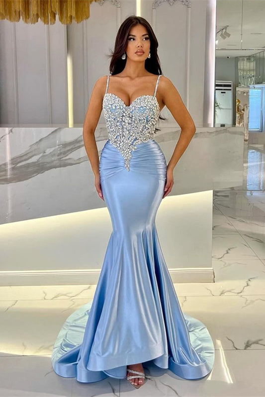Beautiful Spaghetti-Straps Sleeveless Prom Dresses Mermaid Long With Crystals