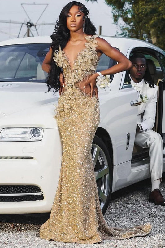 Modern Scoop Champagne Prom Dress Mermaid Sequins Long With Beads