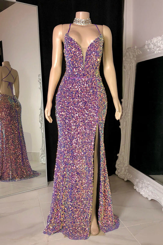 Modern Halter Sequins Mermaid Prom Dresses Sleeveless Long Split On Sale