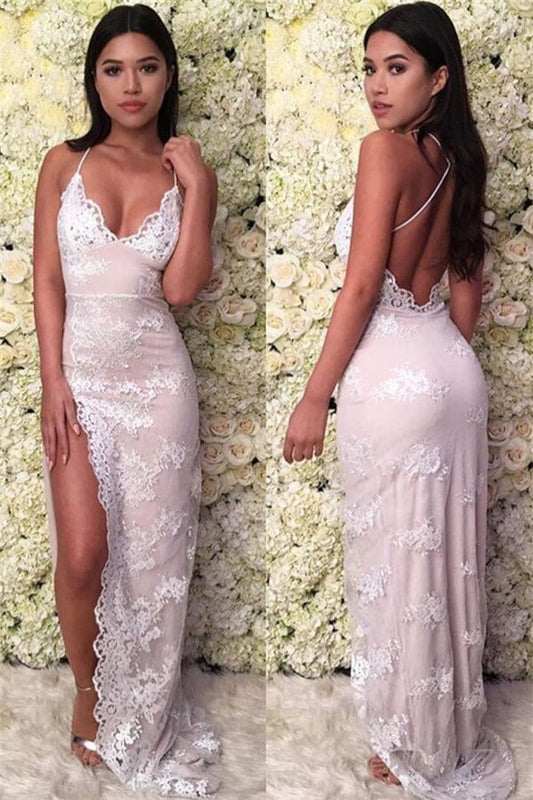 Classic Spaghetti-Straps Sleeveless Lace Prom ress Mermaid With Split