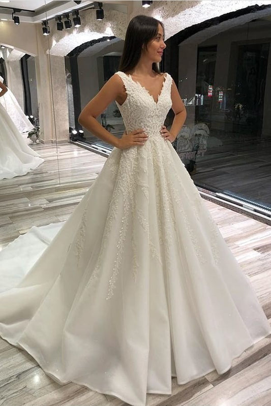 Long A-line V-neck Sleeveless Wedding Dress in Elegant Lace