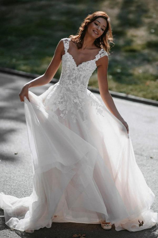 Elegant A-line Long Wedding Dress with V-neck and Backless Tulle Lace