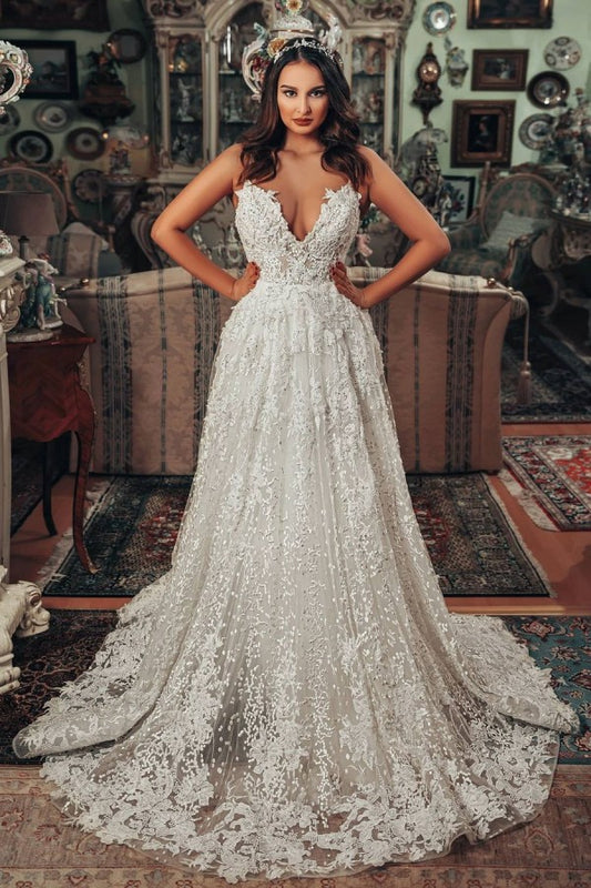 Long A-line Vintage V-neck Wedding Dress Featuring 3D Floral Lace