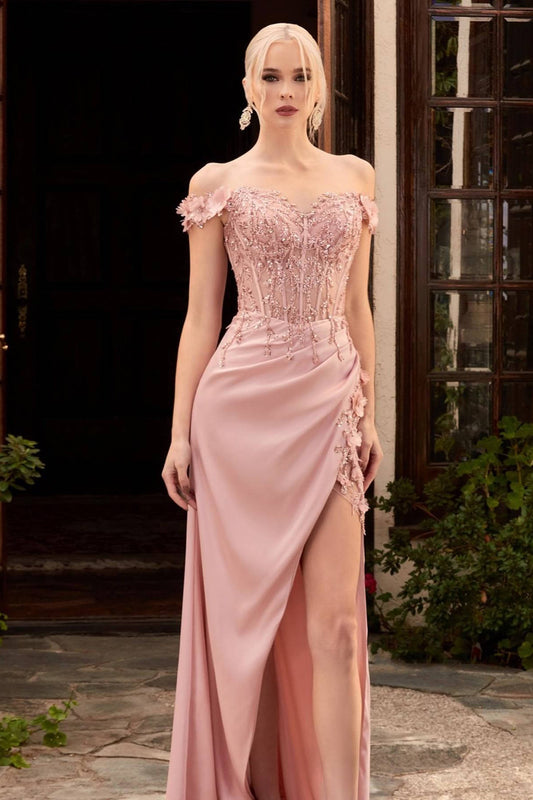 Gorgeous Dusty Pink Prom Dress Slit With Appliques Off-the-Shoulder
