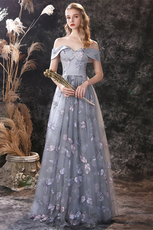 New Arrival Dusty Blue Long Tulle Prom Dress Butterfly Sequins Lace Up