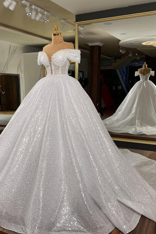 Elegant Long Ball Gowns Wedding Dress with Sequins, Off-the-Shoulder Design