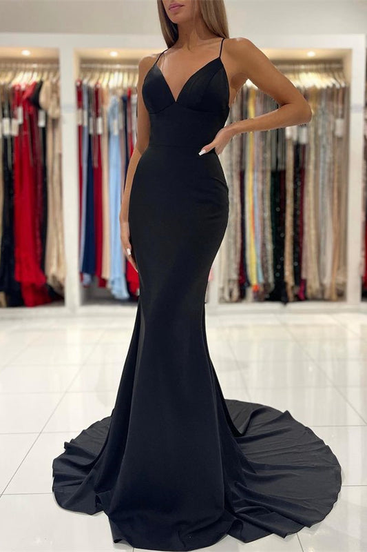 Amazing Black Spaghetti-Straps Mermaid Prom Dress V-Neck Online