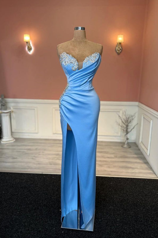 Modern Baby Blue Sweetheart Prom Dresses Mermaid With Crystal Split Long