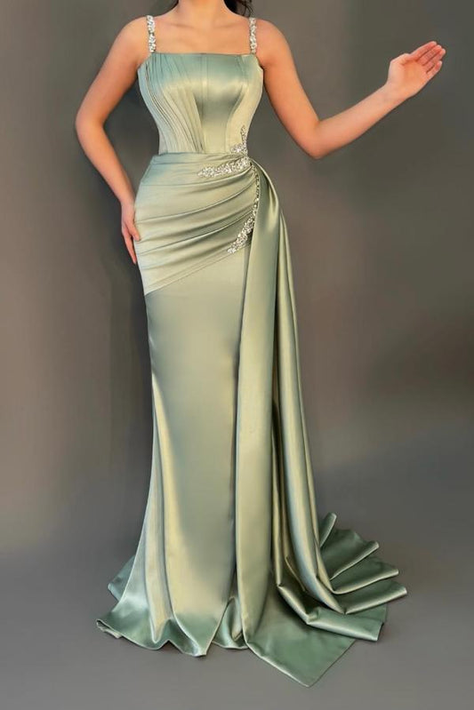 Chic Dusty Sage Straps Square Prom Dress Mermaid Sleeveless With Beads