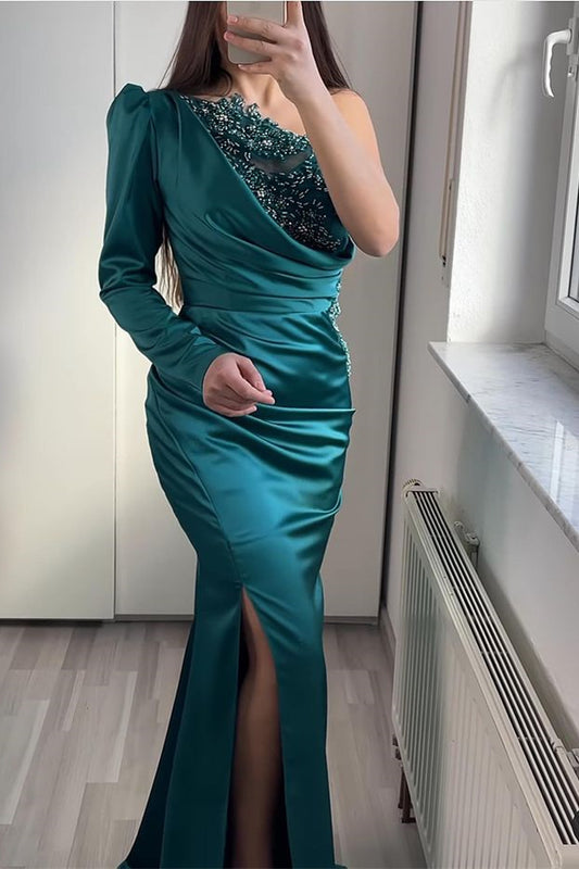 Classy One Shoulder Long Sleeves Mermaid Prom Dress Split With Beadings