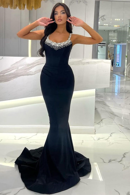Fabulous Dark Navy Straps Sleeveless Mermaid Prom Gown With Crystals