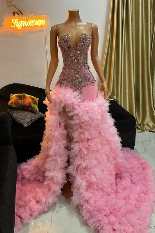 Modern Pink Sleeveless Scoop Prom Dress Mermaid Long With Split Tulle Ruffles Lace-up Back