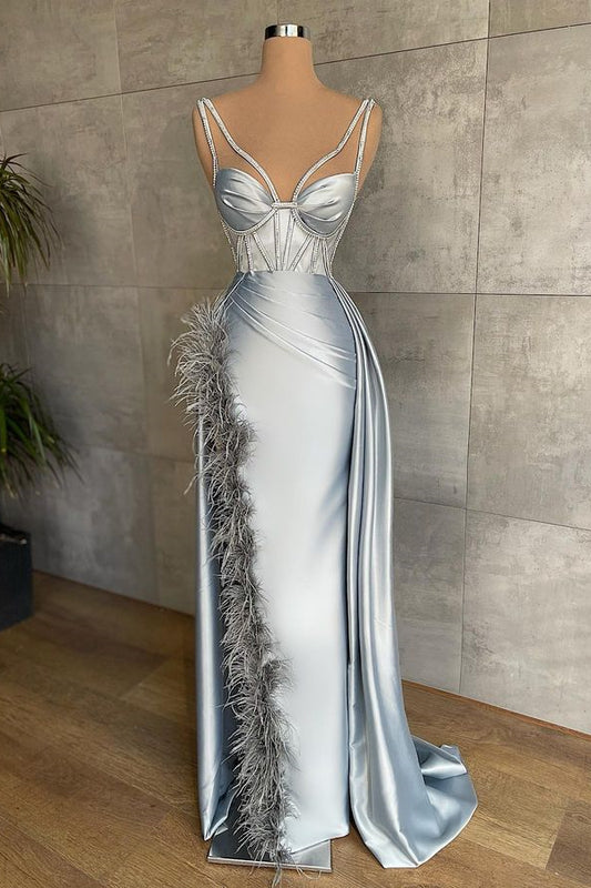 Classic Silver Grey Sleeveless Mermaid Prom Dress Long WIth Feather
