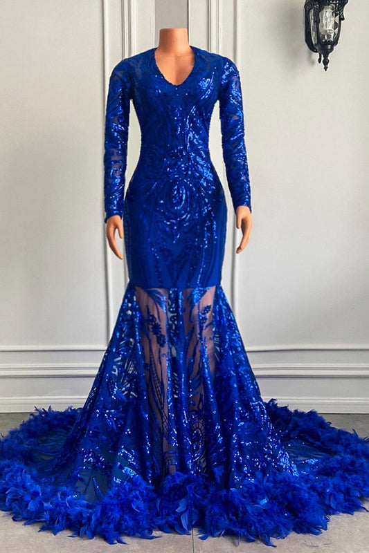 Classy Royal Blue Long Sleeves Prom Dress Mermaid Sequins With Feather