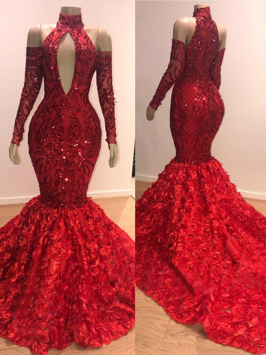 Fabulous Red Long Sleeves Mermaid Prom Dress Sequins Bottom Flowers