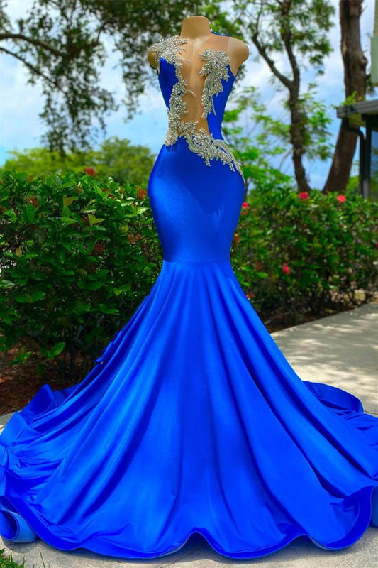 Fabulous Royal Blue Mermaid Prom Dress Sleeveless Long With Appliques Beads