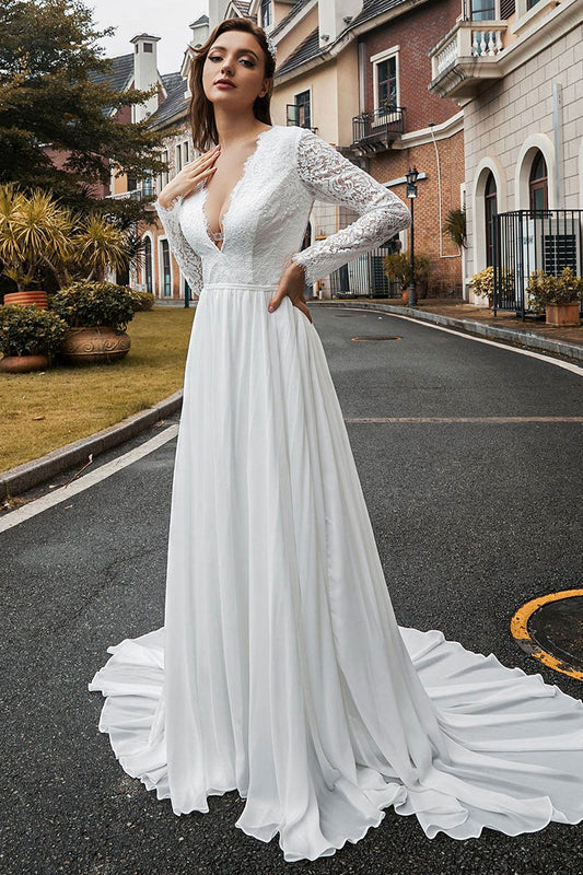 Chiffon Lace Wedding Dress with Long Sleeves
