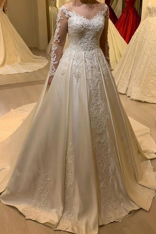 Elegant Sweetheart Pearl Satin A-Line Wedding Gown with Lace Appliques and Long Sleeves