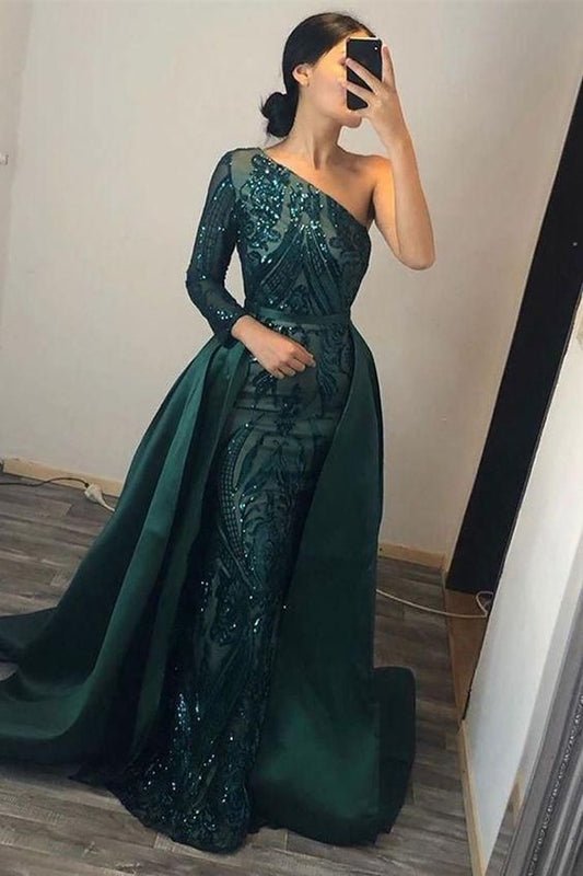 Gorgeous Dark Green Sequins Prom Dress Mermaid Overskirt Evening Gowns