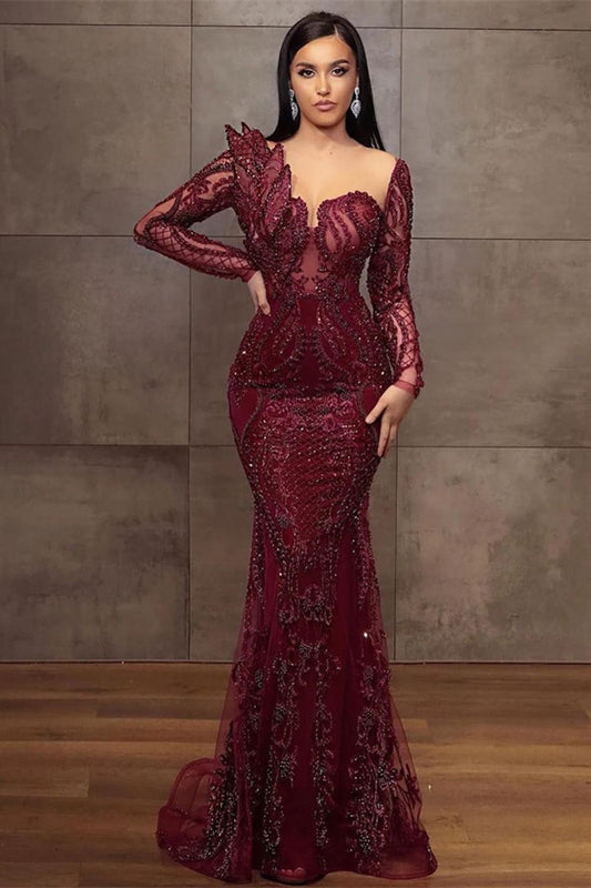 Charming Cabernet Long Sleeves Prom Dress Mermaid With Beadings Online